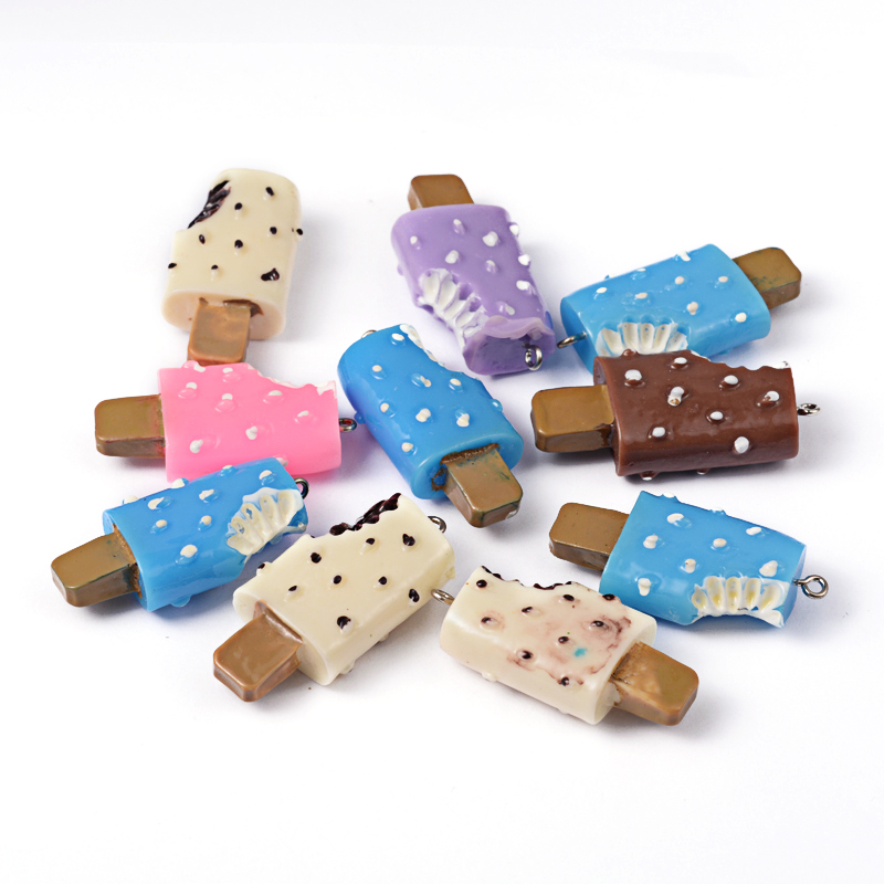 PandaHall Food Resin Ice Cream Sticks Pendants, Mixed Color, 40~44x18~20x11~12mm, Hole: 2~3mm Resin Food Multicolor