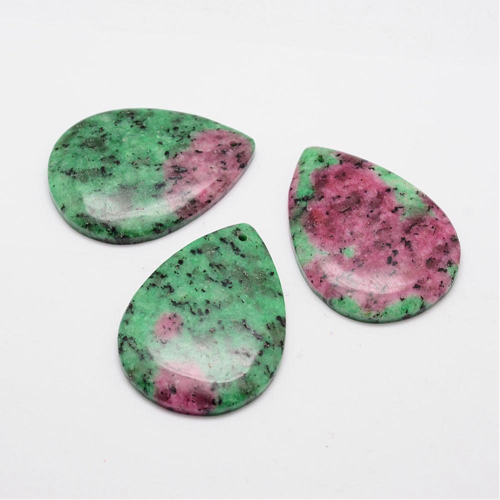 PandaHall Natural Ruby in Zoisite Pendants, Dyed, Flat Drop, 53~54.5x39~40x6mm, Hole: 2mm Ruby in Zoisite Drop Green