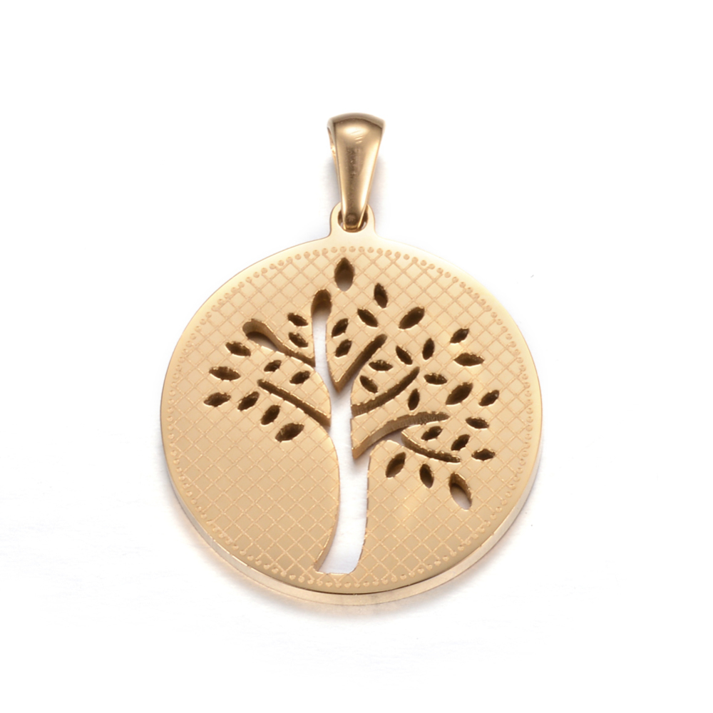 PandaHall 304 Stainless Steel Pendants, Flat Round with Tree of Life, Golden, 27.5x25x2mm, Hole: 7x3mm Stainless Steel Flat Round
