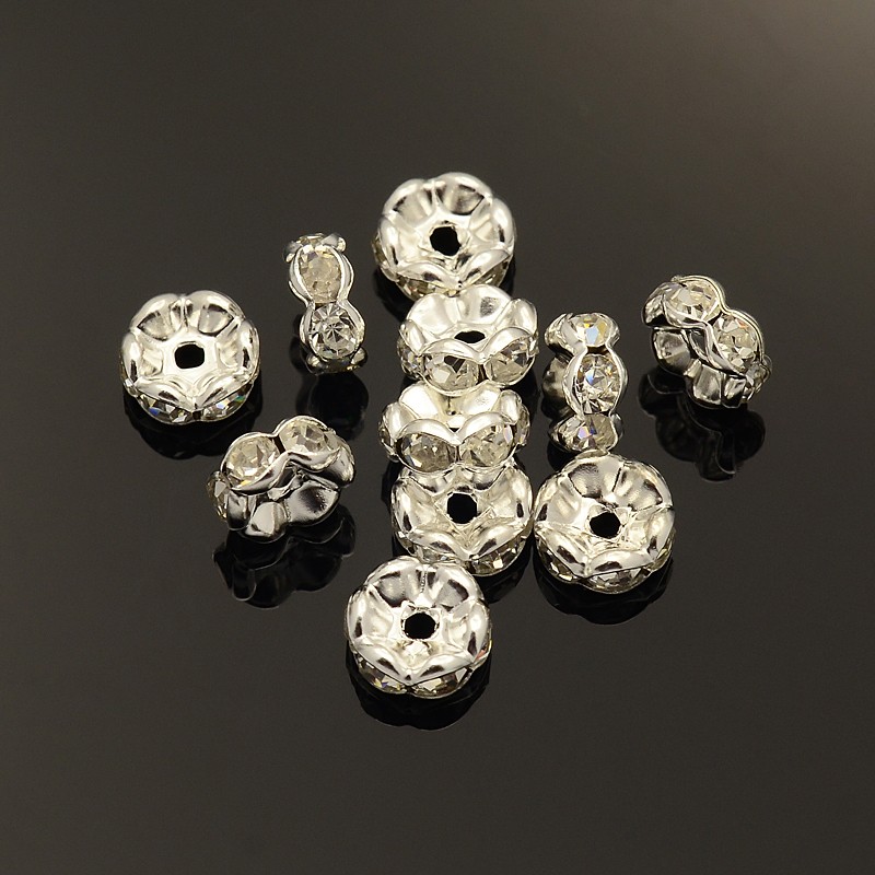 PandaHall Brass Rhinestone Spacer Beads, Grade A, Wavy Edge, Silver Metal Color, Rondelle, Crystal, 8x3.8mm, Hole: 1mm Brass+Rhinestone...