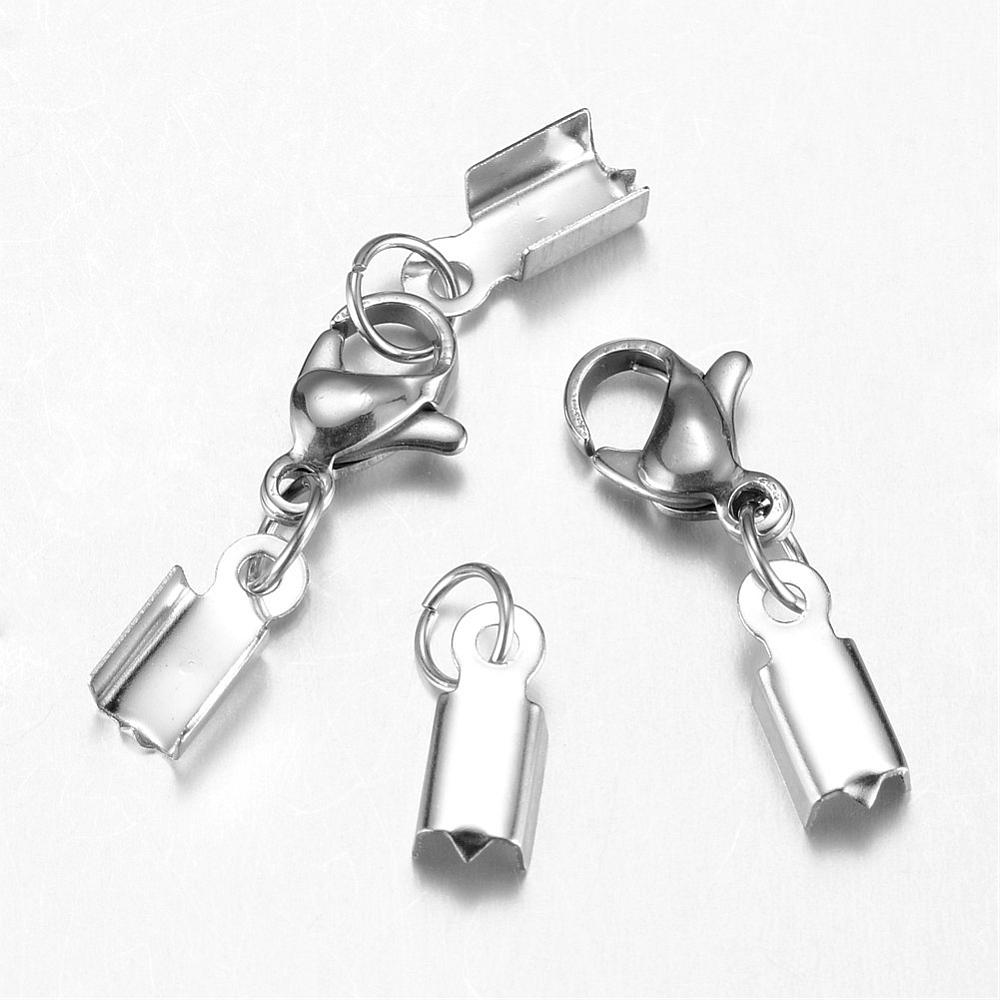 PandaHall 304 Stainless Steel Lobster Claw Clasps, with Cord Ends, Stainless Steel Color, 34mm Stainless Steel Others