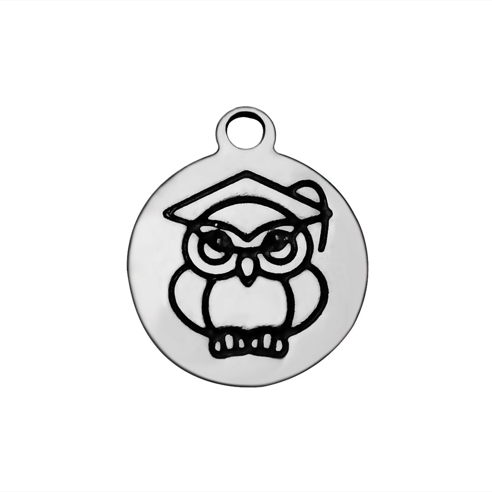 PandaHall 304 Stainless Steel Enamel Charms, Flat Round with Owl, Black, 14x12x1.2mm, Hole: 1.5mm Stainless Steel+Enamel Flat Round Black