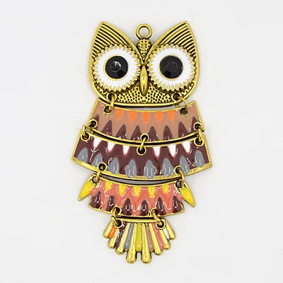 PandaHall Alloy Enamel Big Pendants, Owl, for Halloween, Antique Golden Metal Color, Colorful, 90x49x7mm Alloy+Enamel Owl