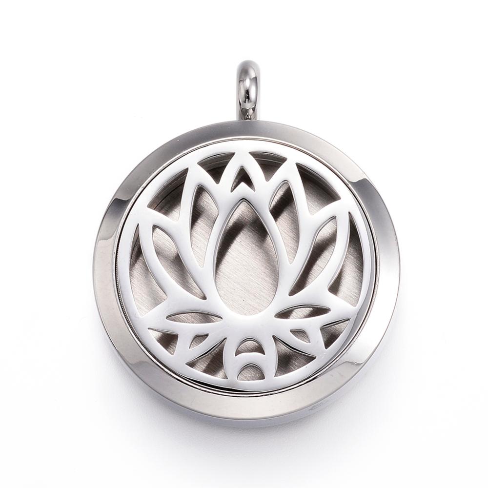 PandaHall 316 Stainless Steel Diffuser Locket Pendants, with Perfume Pad and Magnetic Clasps, Flat Round with Lotus, Stainless Steel Color...