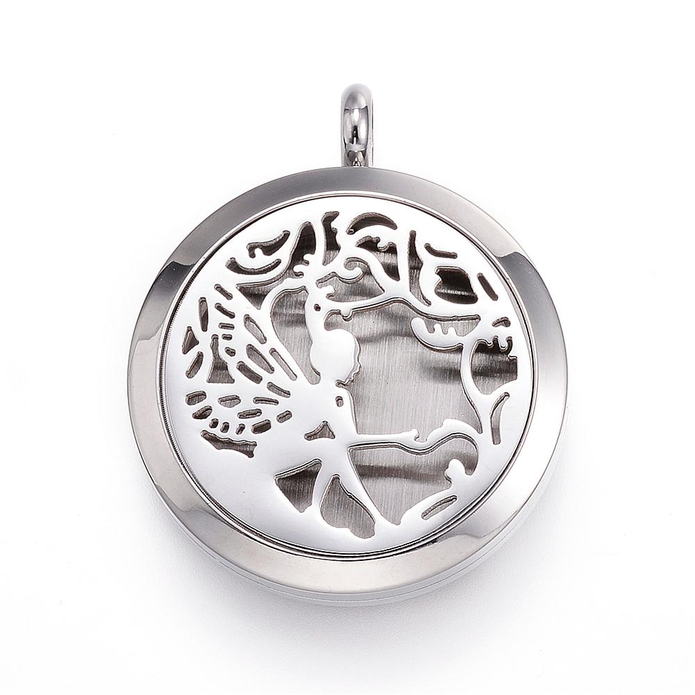 PandaHall 316 Stainless Steel Diffuser Locket Pendants, with Perfume Pad and Magnetic Clasps, Flat Round with Fairy, Stainless Steel Color...