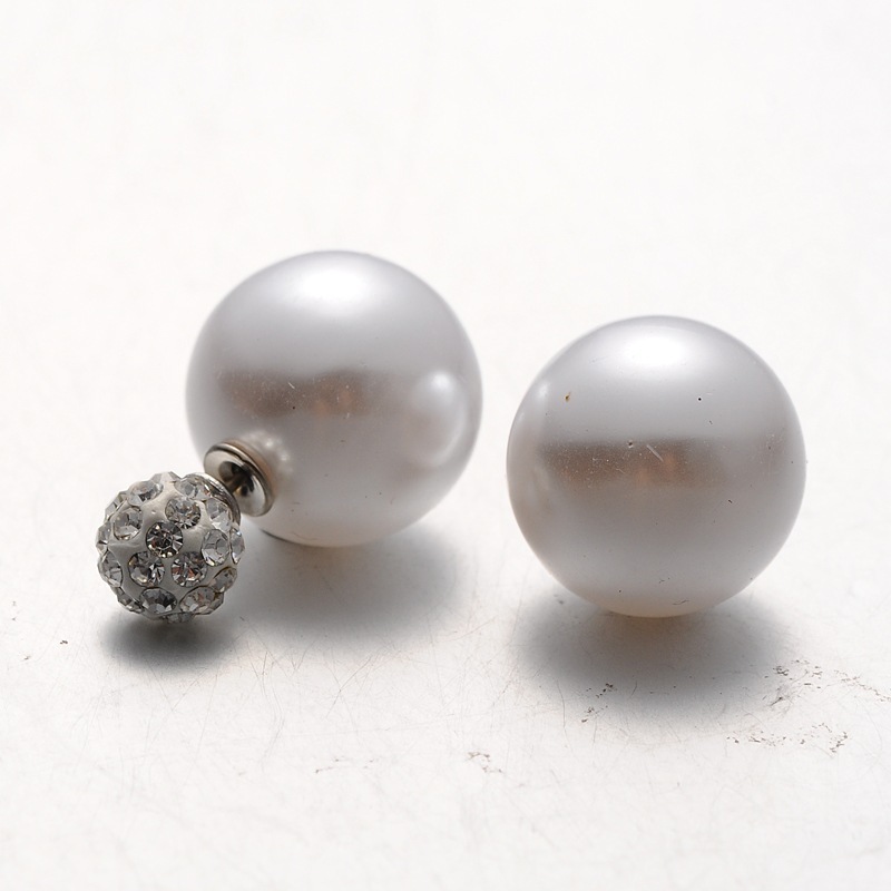 PandaHall Plastic Pearl with Polymer Clay Rhinestone Ball Stud Earrings, Gainsboro, 8~16mm, Pin: 0.8mm Plastic Gray