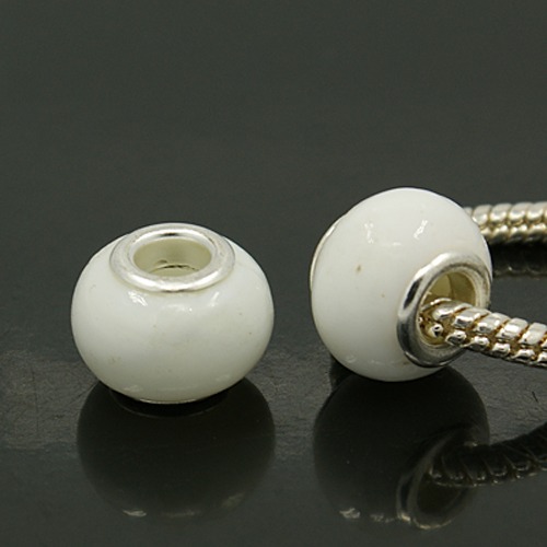 PandaHall White Silver Plated Brass Core Handmade Rondelle Lampwork Large Hole European Beads, diameter: 12mm~14mm, hole: about 4~5mm...