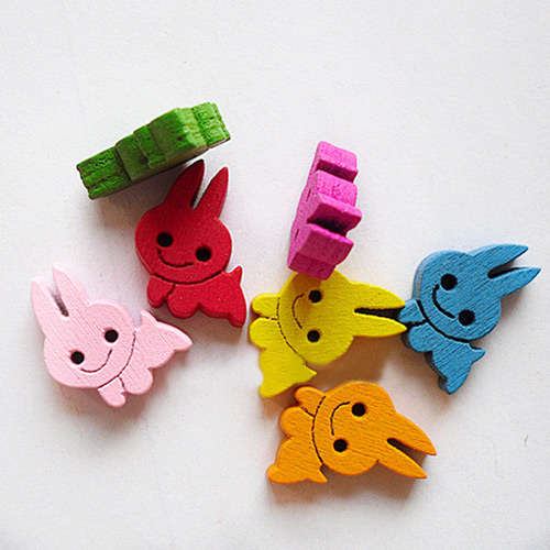PandaHall Cartoon Rabbit Buttons, Wooden Buttons, Mixed Color, about 13mm long, 16mm wide, 3.5mm thick Wood Multicolor
