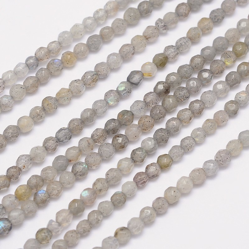 PandaHall Faceted Round Natural Labradorite Bead Strands, 3mm, Hole: 1mm; about 124pcs/strand, 15.5" Labradorite Round Gray