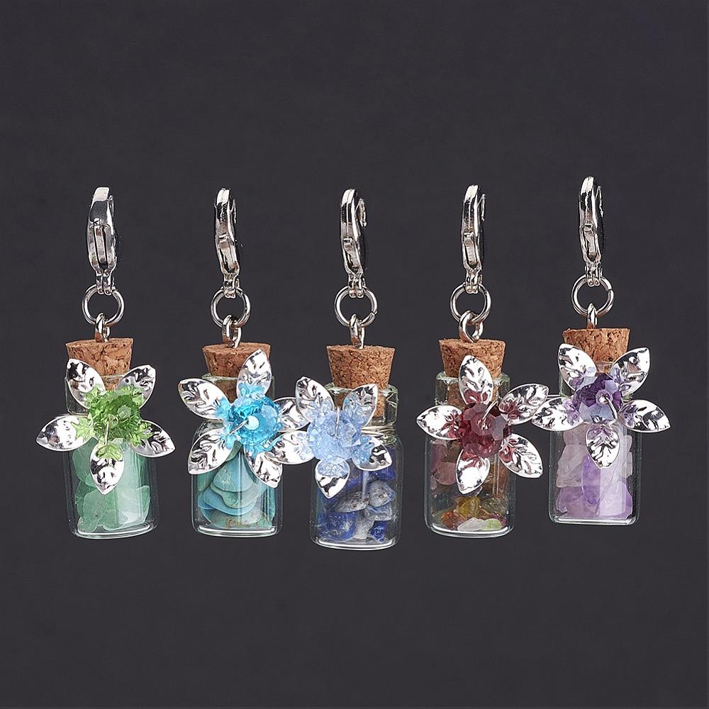 PandaHall Mixed Stone Dangle Pendant, with Glass Bottles, Iron Bead Caps, Brass Lobster Claw Clasp, 38x15mm Mixed Stone Bottle