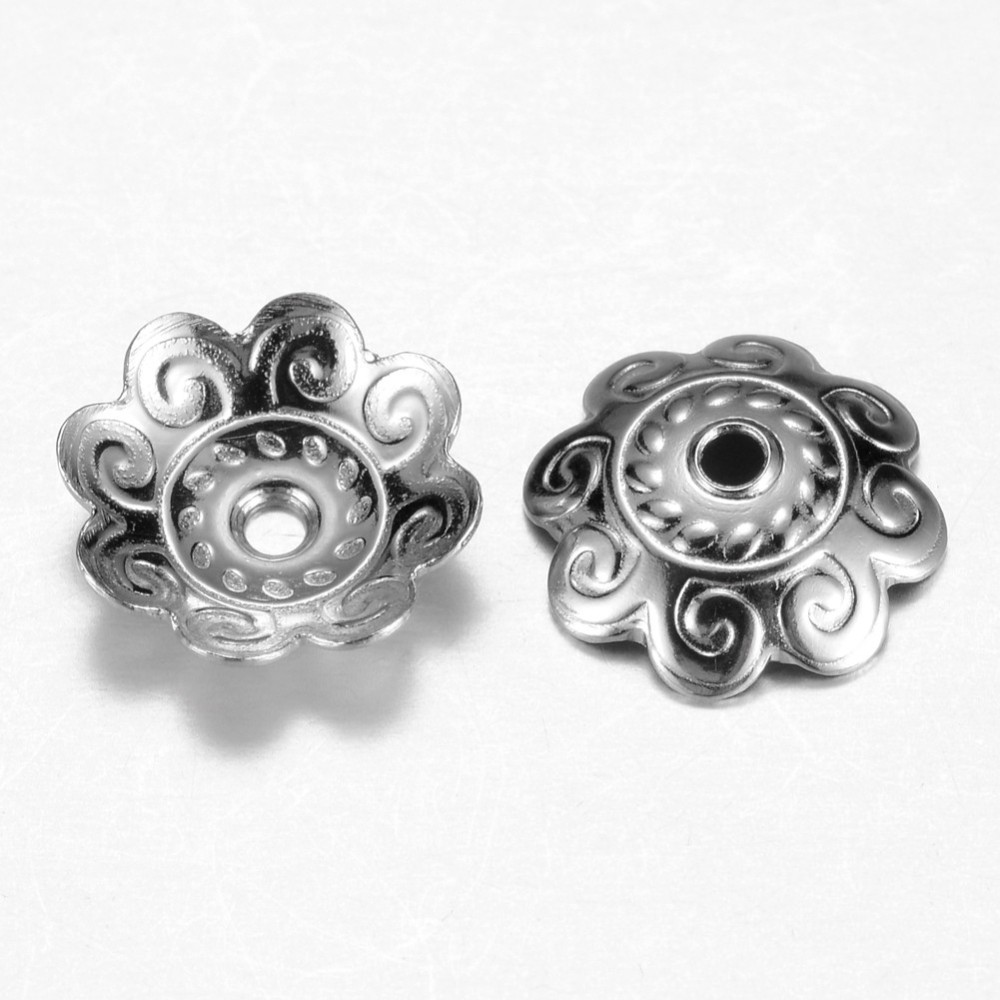 PandaHall 304 Stainless Steel Bead Caps, Flower, 8-Petal, Stainless Steel Color, 10.5x1mm, Hole: 1mm Stainless Steel
