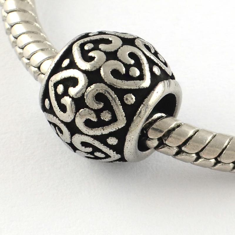PandaHall Vintage Rondelle with Heart 316 Stainless Steel European Beads, Large Hole Beads, Antique Silver, 10x9mm, Hole: 5mm Stainless...