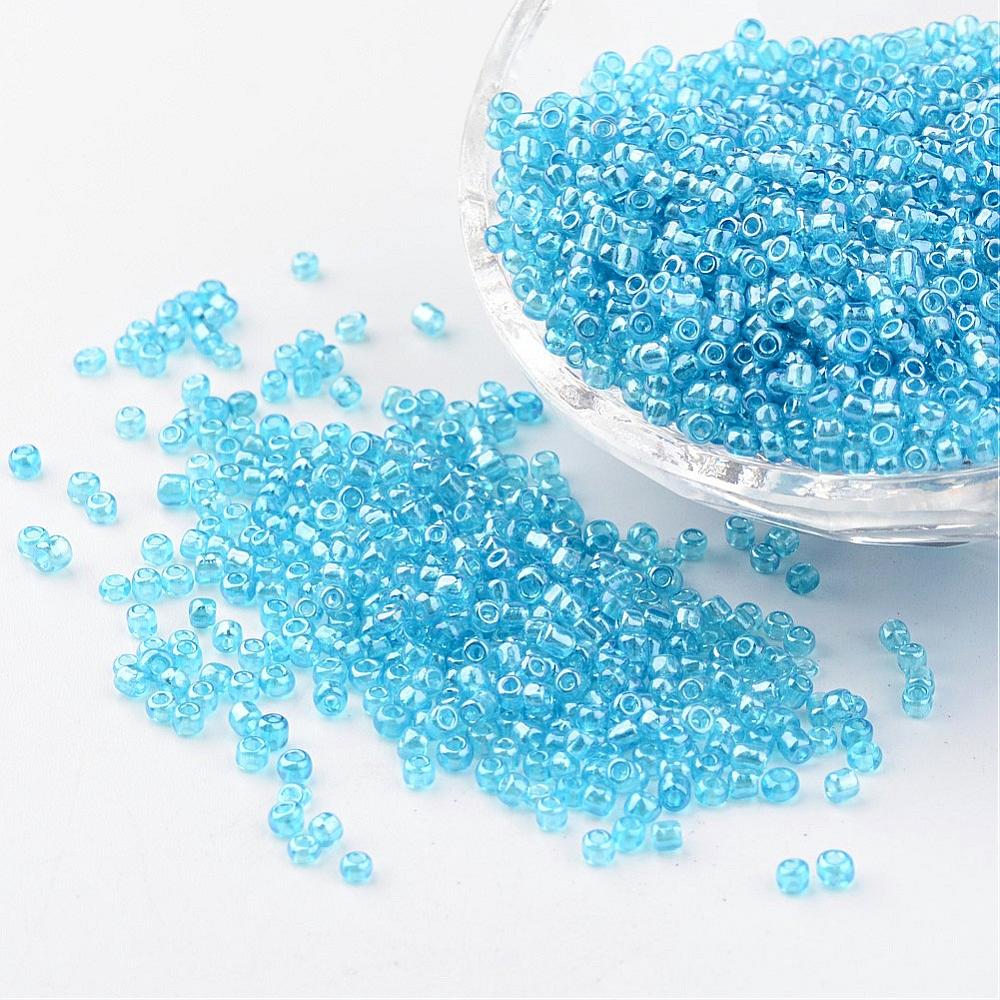 PandaHall Round Glass Seed Beads, Trans. Colours Lustered, LightCyan, Size: about 2mm in diameter, hole: 1mm; about 3306pcs/50g Glass Cyan