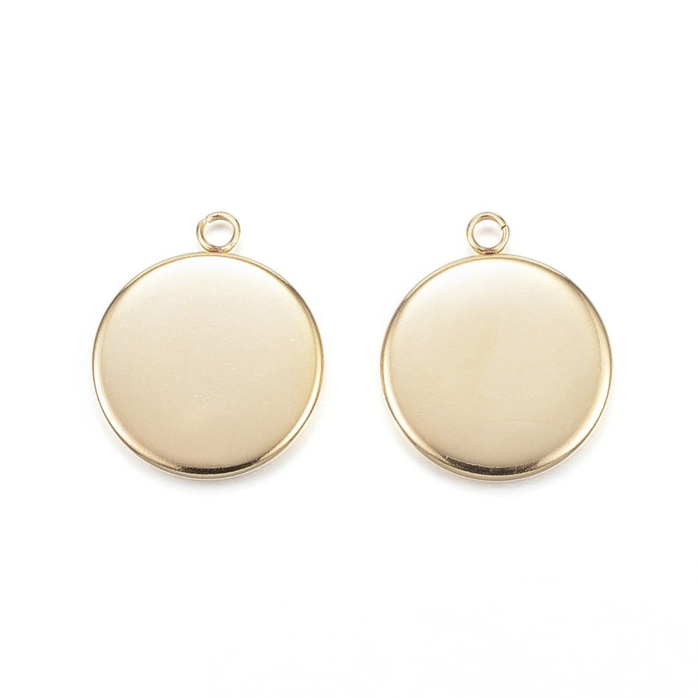 PandaHall 304 Stainless Steel Pendant Cabochon Settings, Flat Round, Golden, Tray: 14mm; 19x16x2mm, Hole: 2mm Stainless Steel Flat Round