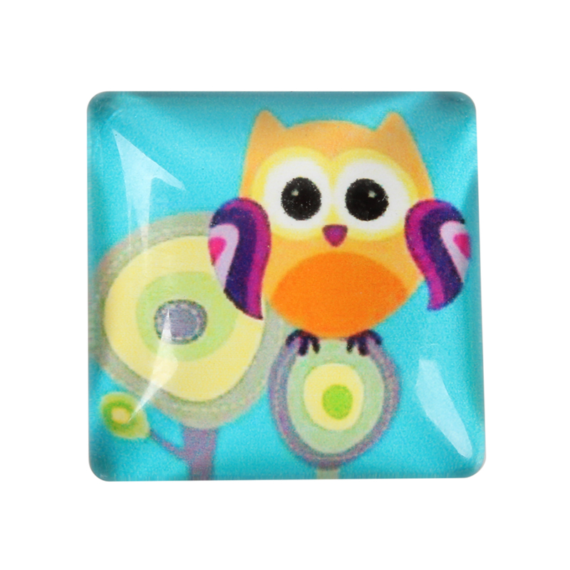 PandaHall Cartoon Owl Pattern Printed Glass Square Cabochons, Cyan, 15x15x5mm Glass Square Cyan