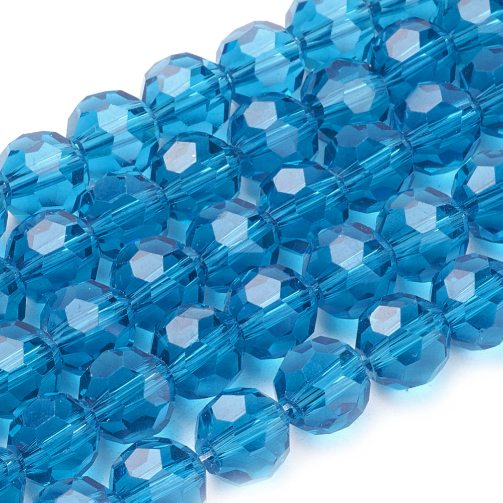 PandaHall Glass Beads Strands, Faceted, Round, SteelBlue, 8mm, Hole: 1mm; about 72pcs/strand, 22.6" Glass Round Blue