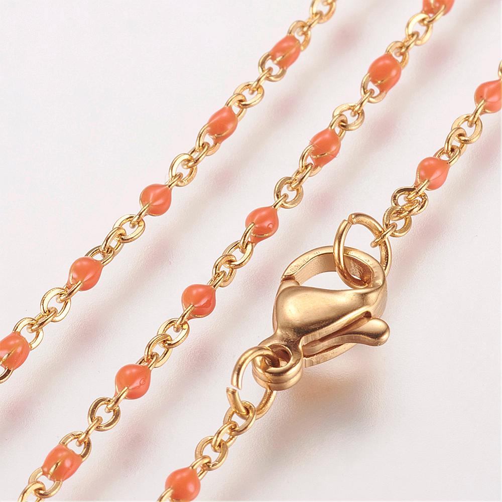 PandaHall 304 Stainless Steel Chain Necklaces, with Enamel Links, Golden, Orange, 17.91"(45.5cm); 1.5~2mm Stainless Steel Orange