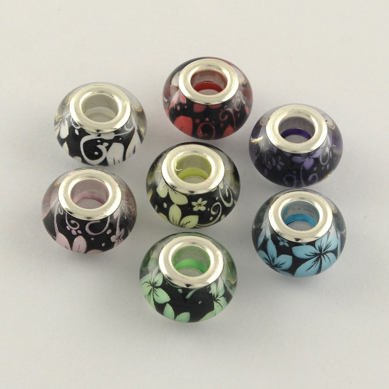 PandaHall Large Hole Flower Pattern Acrylic European Beads, with Silver Tone Brass Double Cores, Rondelle, Mixed Color, 14x9mm, Hole: 5mm...