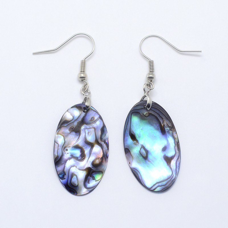 PandaHall Abalone/Paua Shell Oval Dangle Earrings, with Platinum Tone Brass Ear Hooks, 52mm, pin: 0.8mm Shell
