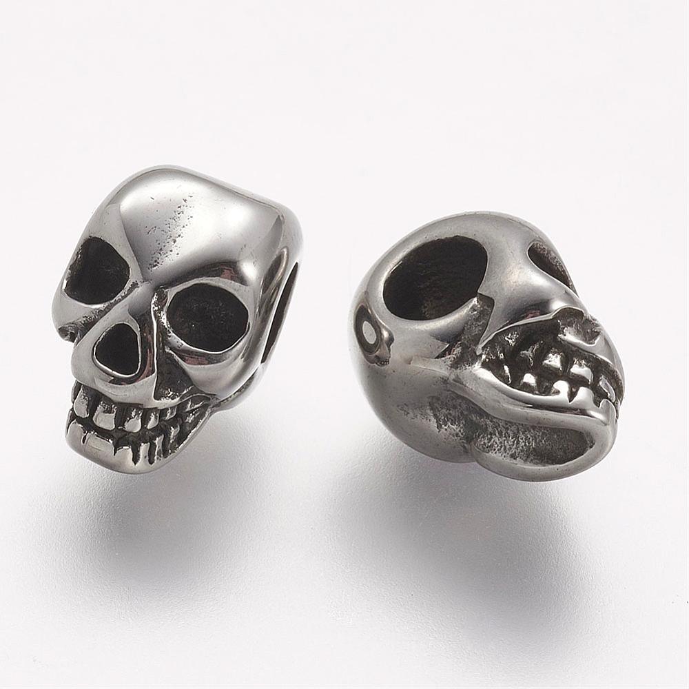 PandaHall 304 Stainless Steel Beads, Skull, Large Hole Beads, Antique Silver, 13x8x8.5mm, Hole: 4mm Stainless Steel Skull