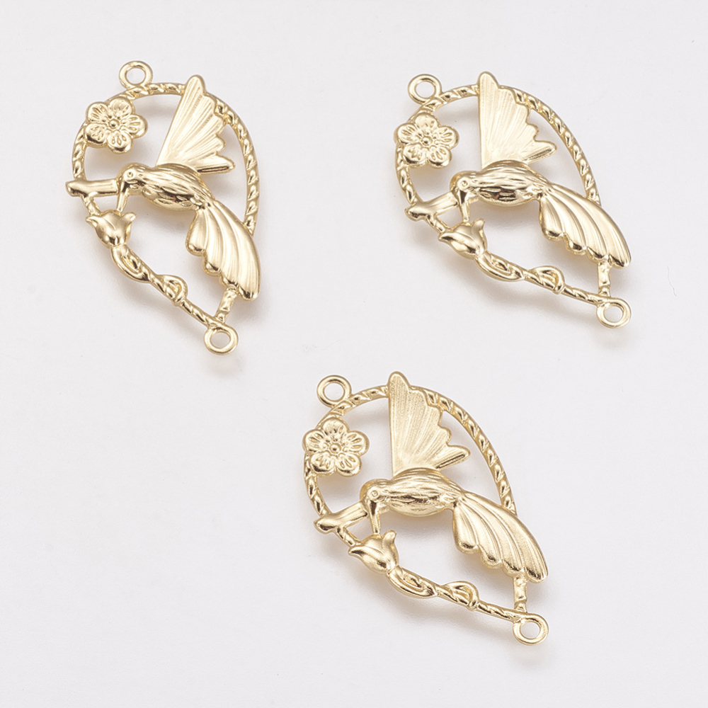 PandaHall Brass Links, Real Gold Plated, Bird and Branch, 33x18.5x1.2mm, Hole: 1.5mm Brass Bird