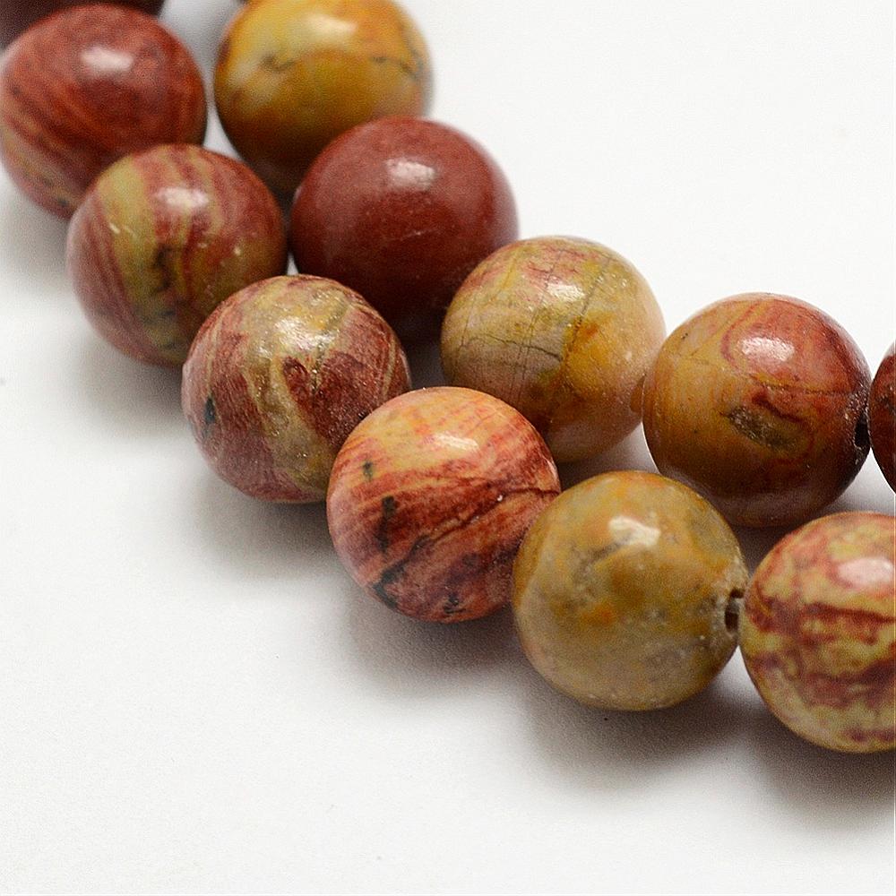 PandaHall Natural Red Rainbow Jasper Beads Strands, Round, 10mm, Hole: 1mm; about 37pcs/strand, 15.3"(39cm). Rainbow Stone Round