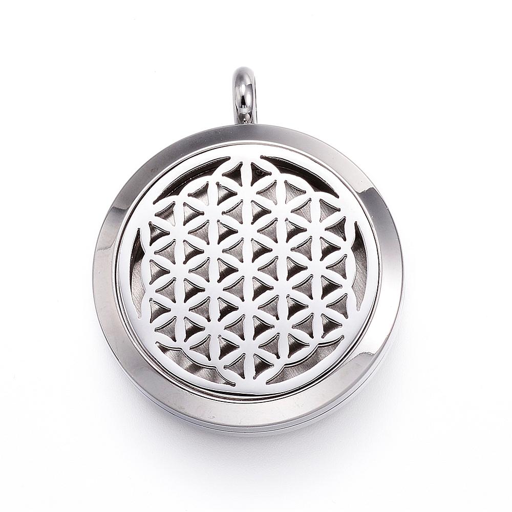 PandaHall 316 Stainless Steel Diffuser Locket Pendants, with Perfume Pad and Magnetic Clasps, Flower of Life, Stainless Steel Color...