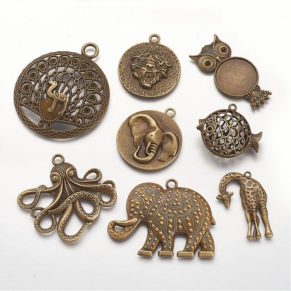 PandaHall Tibetan Style Alloy Pendants, Mixed Animal, Nickel Free, Antique Bronze, 38~57x28~59x3~15mm, Hole: 2~4mm Alloy Mixed Shapes