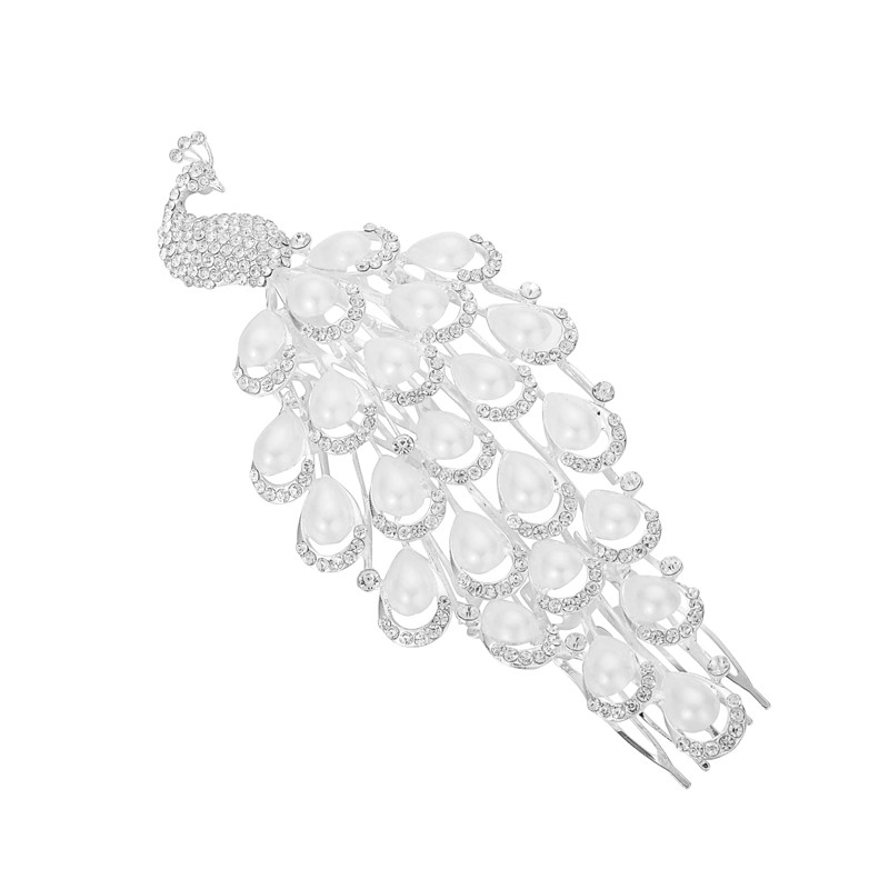 PandaHall Wedding Hair Accessories, Peacock Alloy Rhinestone Bridal Decorative Hair Comb, with Iron Comb and ABS Plastic Beads, Silver...