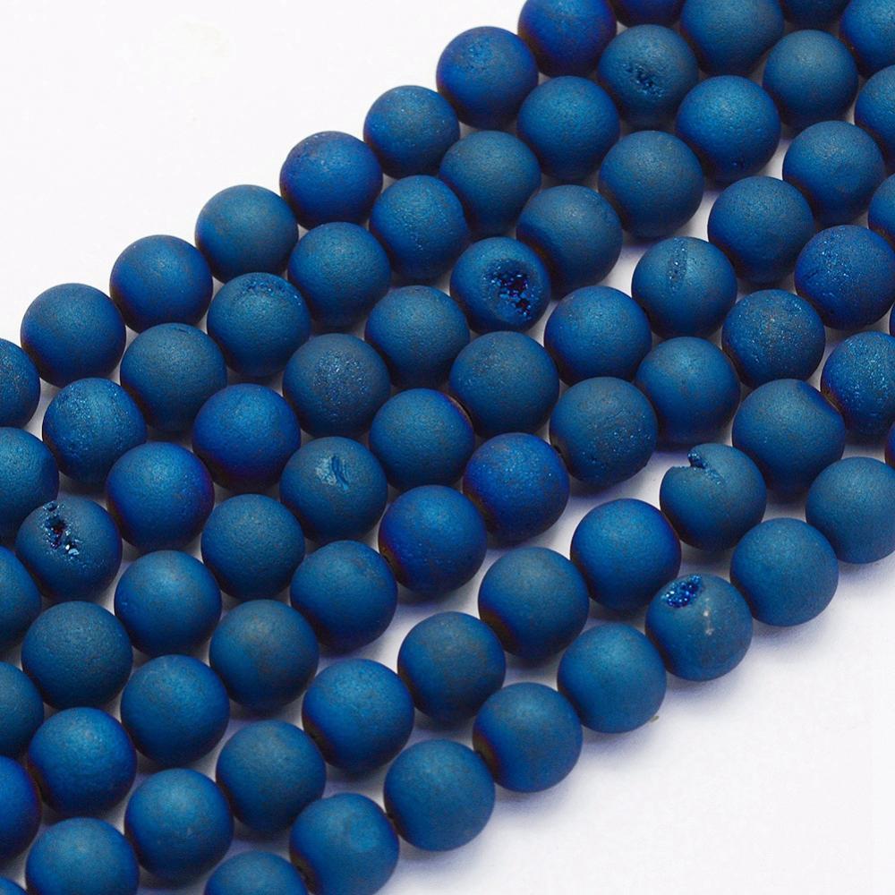 PandaHall Electroplate Natural Druzy Agate Beads Strands, Round, Frosted, Blue Plated, 8mm, Hole: 1mm; about 48pcs/strand, 14.9''(38cm)...