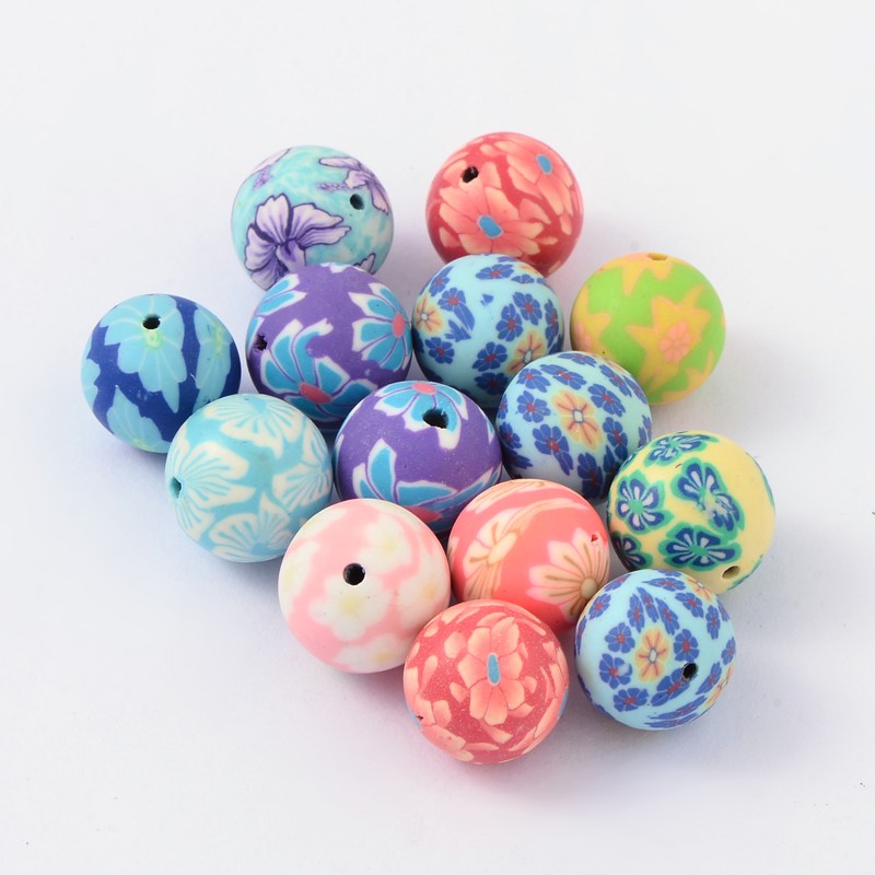 PandaHall Handmade Polymer Clay Beads, Round, Mixed Color, about 14mm in diameter, hole: 2mm Polymer Clay Round Multicolor