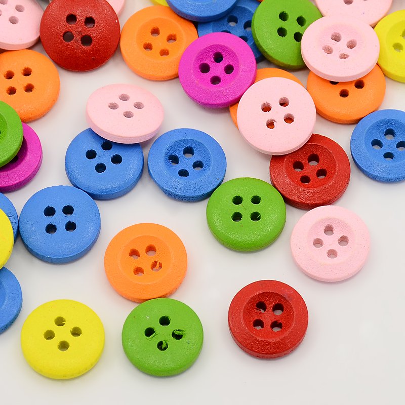 PandaHall Woonden Buttons, Dyed, 4-Hole, Flat Round, Mixed Color, 13x13x4mm, Hole: 2mm Wood Flat Round Multicolor