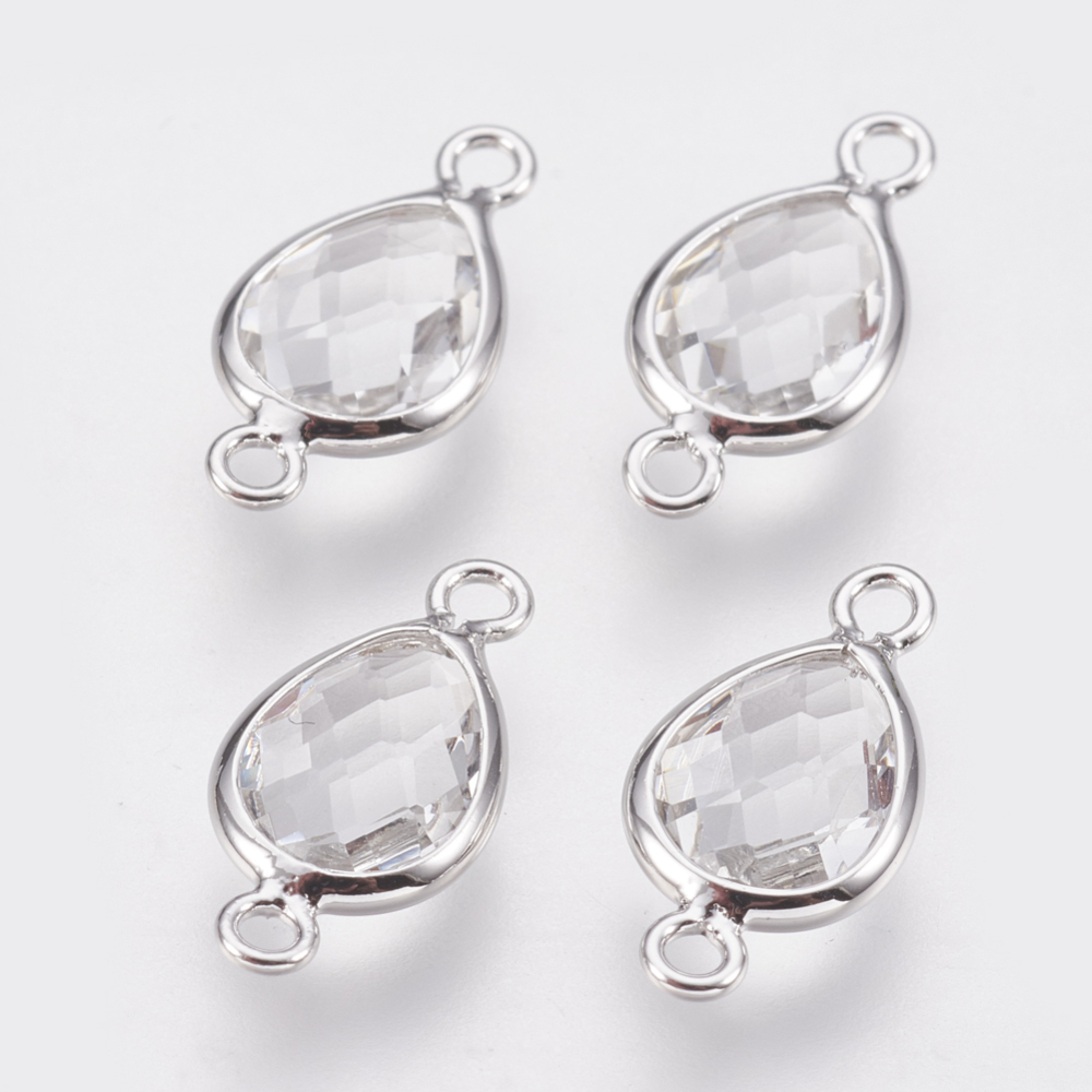 PandaHall Glass Links, with Brass Findings, Faceted Drop, Real Platinum Plated, Clear, 14x7x3mm, Hole: 1.2mm Glass Drop Clear