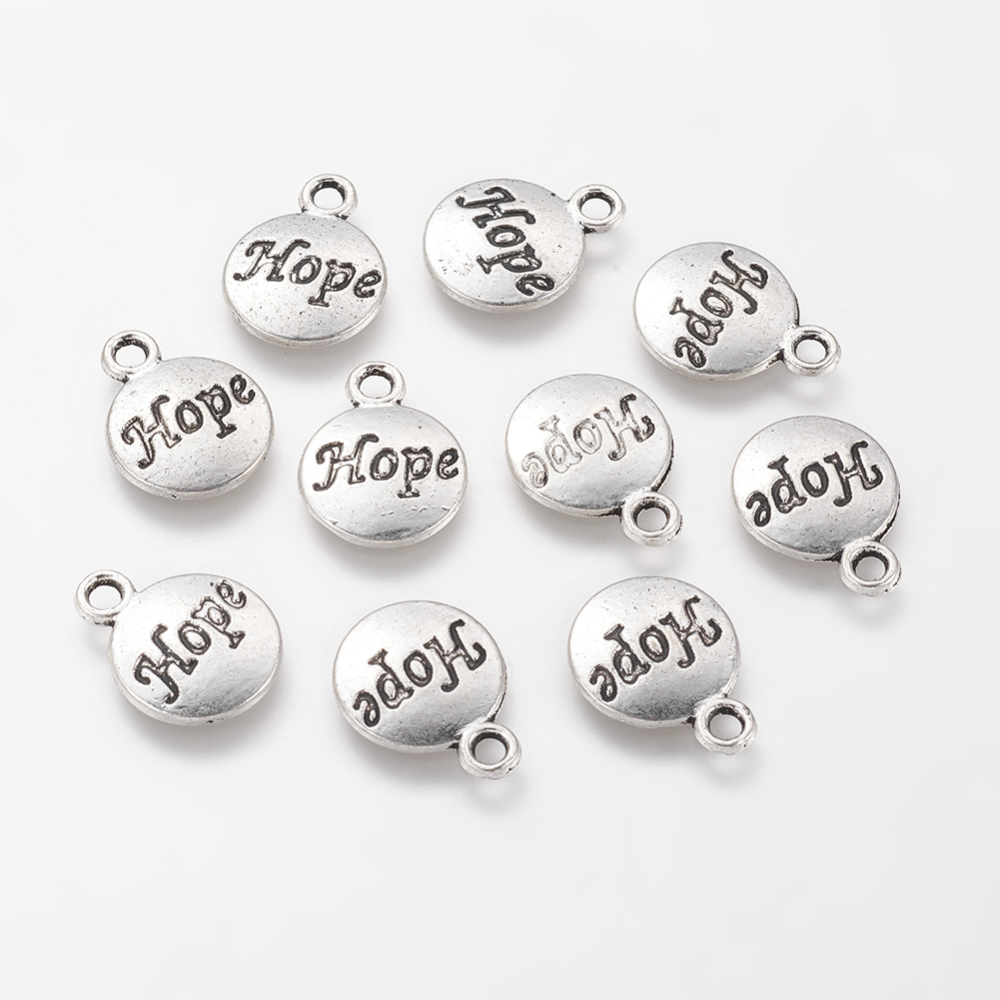PandaHall Tibetan Style Alloy Flat Round with Affirmative Word Hope Message Charms, Lead Free & Cadmium Free, Antique Silver, 15x12x1.5mm...