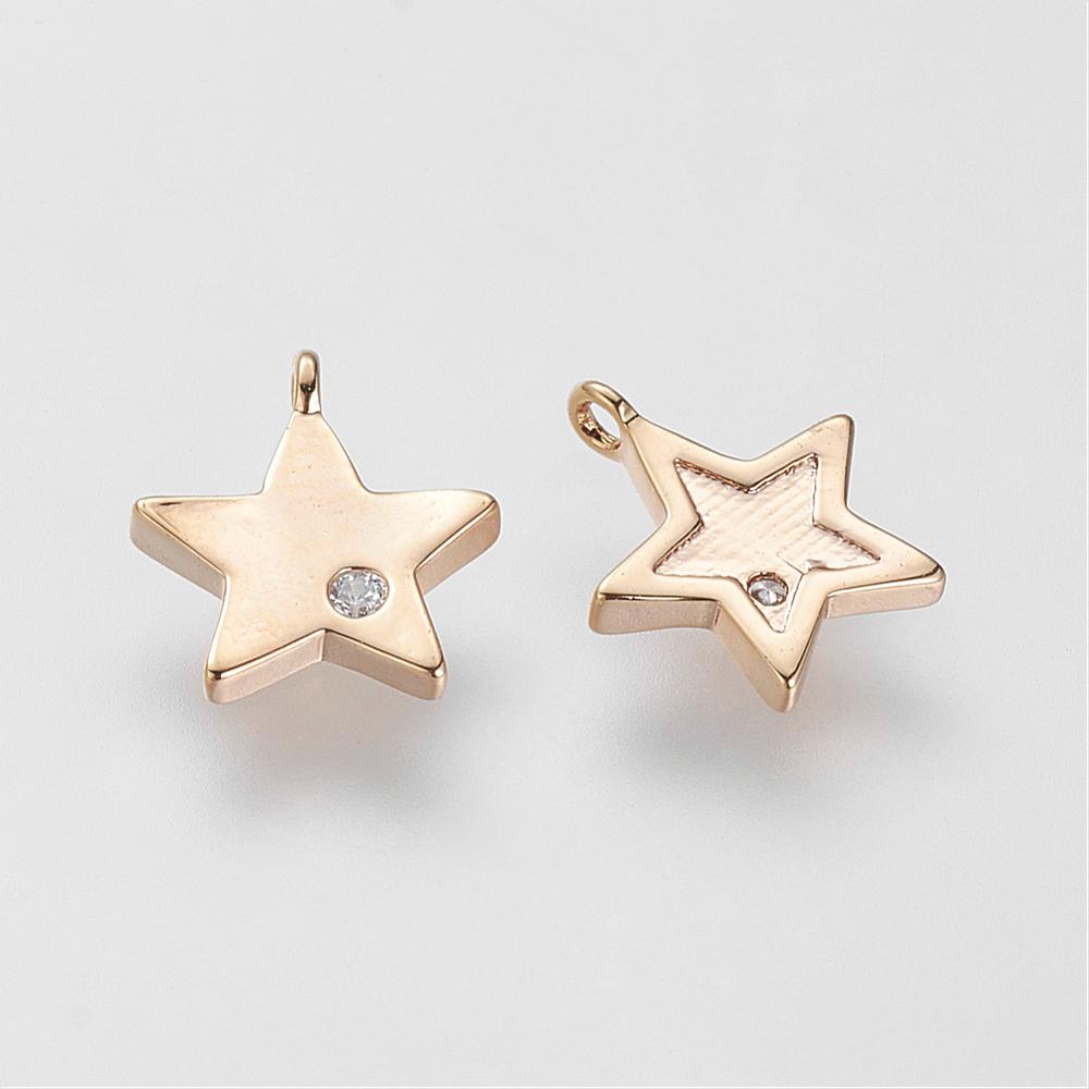 PandaHall Brass Charms, Real Gold Plated, Star, with Rhinestone, 9.5x8.5x1mm, Hole: 1mm Brass+Rhinestone Star