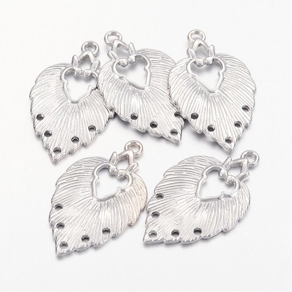 PandaHall Tibetan Style Chandelier Components Links, Lead Free & Nickel Free, Leaf, Platinum, 34x20x1.5mm, Hole: 1~2mm Alloy Leaf