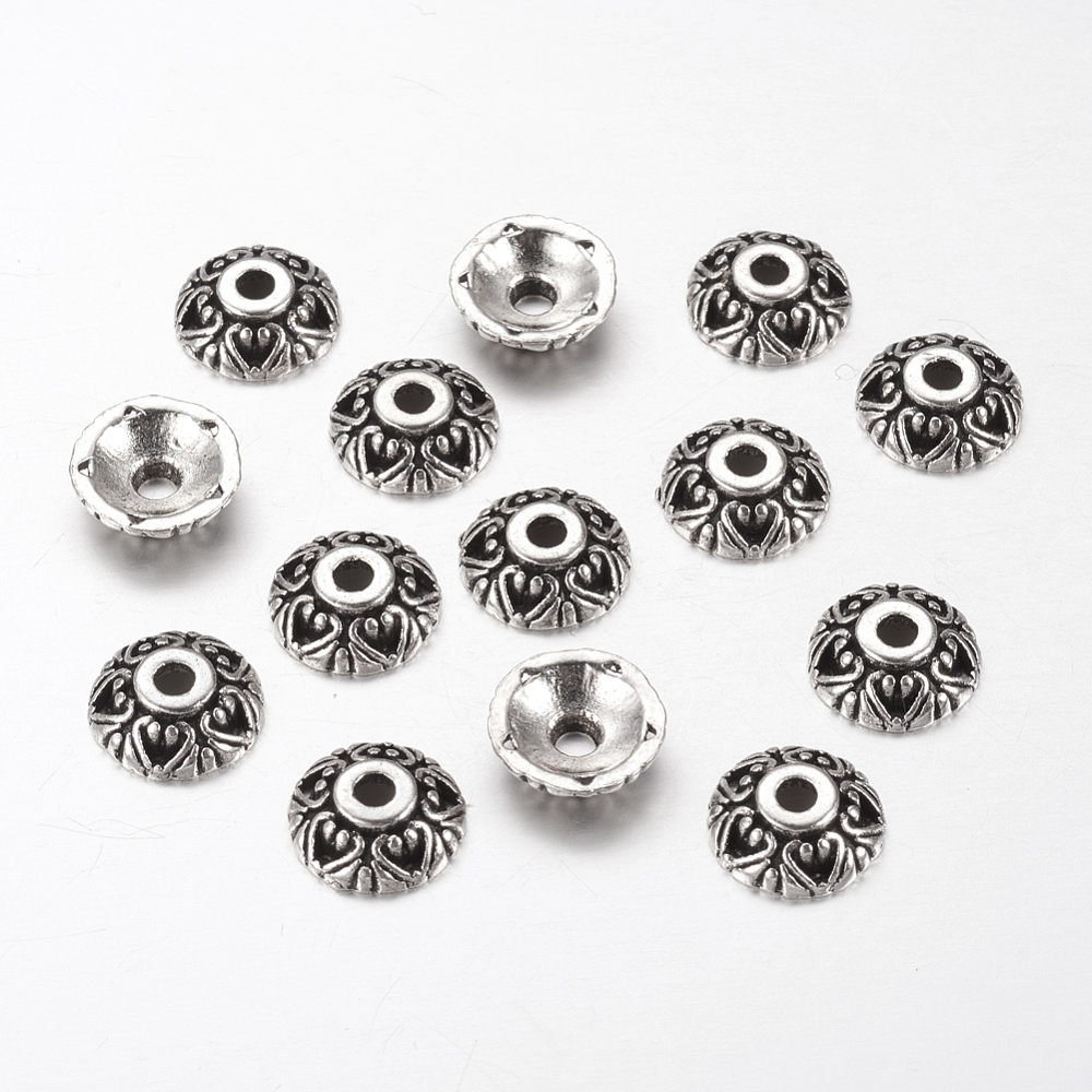 PandaHall Tibetan Style Alloy Bead Caps, Apetalous, Lead Free & Cadmium Free, Antique Silver, about 10mm in diameter, 3mm thick, hole: 2mm...