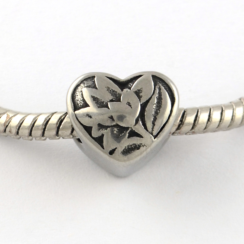 PandaHall Vintage Heart with Flower 316 Stainless Steel European Beads, Large Hole Beads, Antique Silver, 10x11x10mm, Hole: 5mm Stainless...
