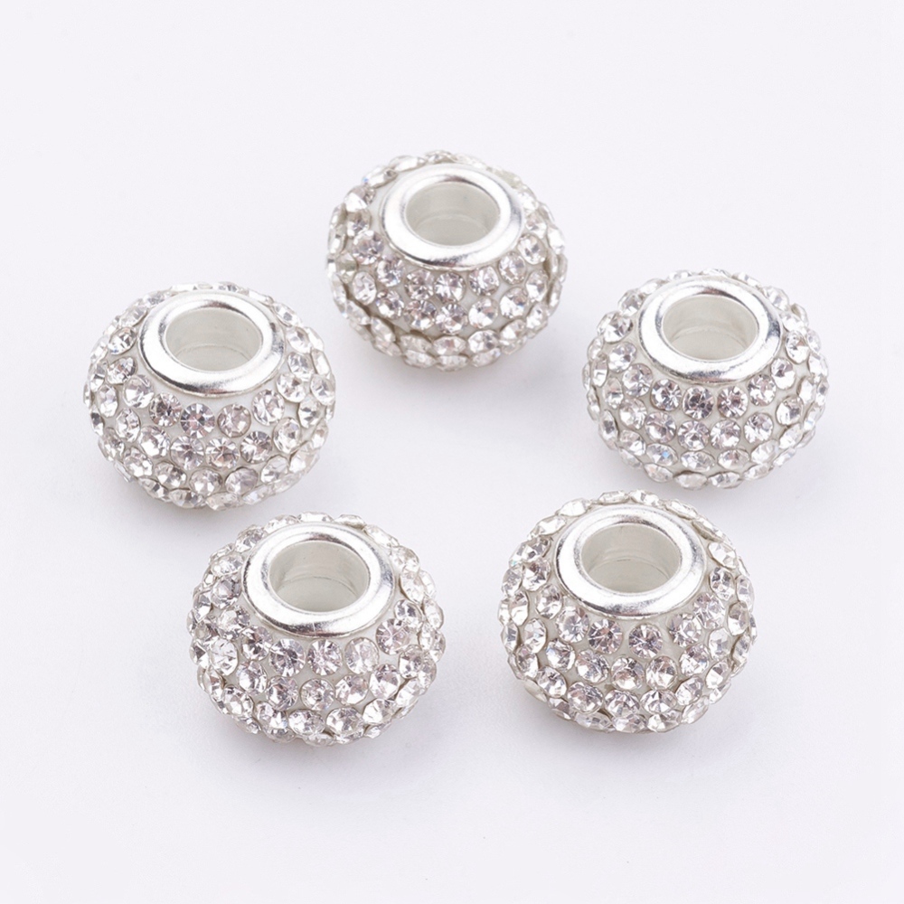 PandaHall Grade A Rhinestone European Beads, Large Hole Beads, Resin, with Silver Color Brass Core, Rondelle, Crystal, 15x10mm, Hole: 5mm...