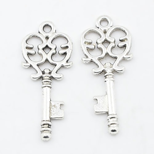 PandaHall Tibetan Style Pendants, Skeleton Key Pendants, Lead Free and Cadmium Free, Antique Silver, 33mm long, 14mm wide, 2mm thick, hole...