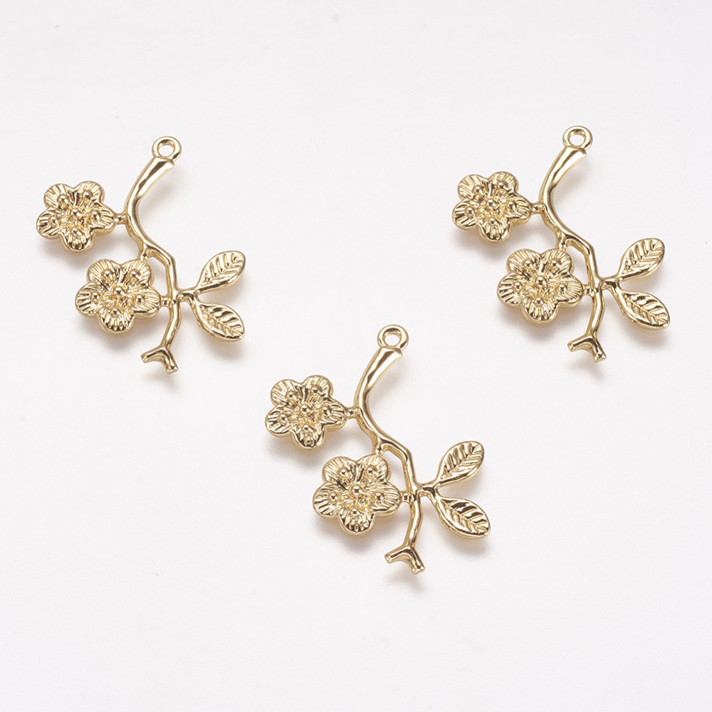 PandaHall Brass Pendants, Real Gold Plated, Branch with Flower, 26x23x1mm, Hole: 1mm Brass Branch