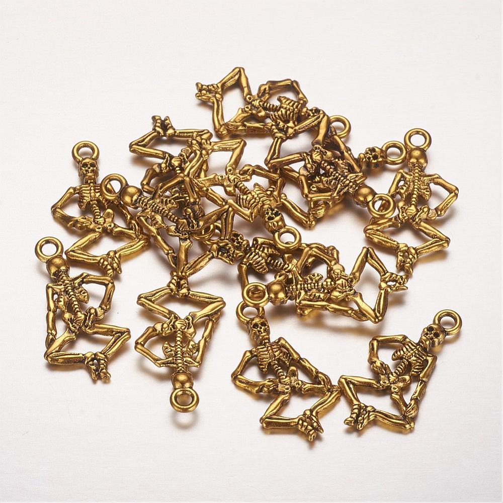 PandaHall Punk Alloy Pendants, Human Skeleton Pendants for Halloween Jewelry Making, Antique Golden Color, about 26mm long, 13.5mm wide...