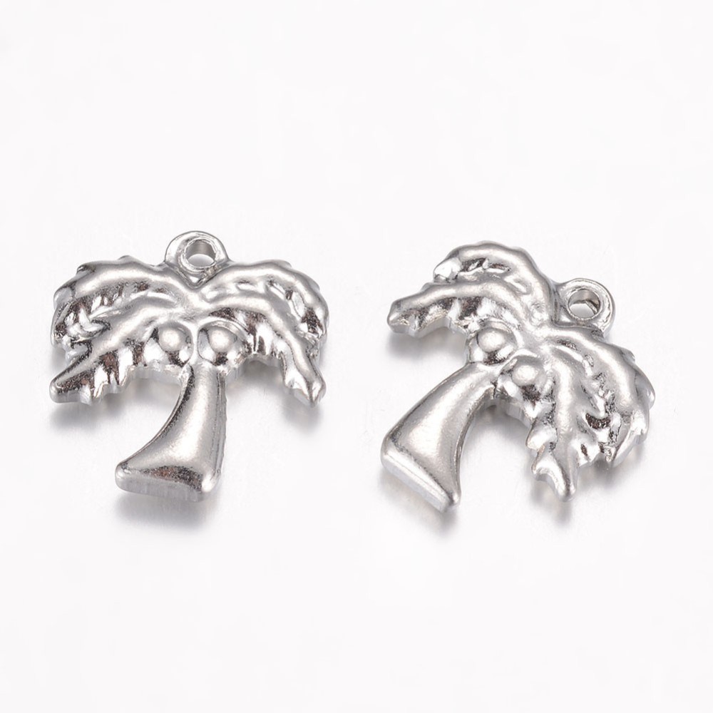 PandaHall 304 Stainless Steel Charms, Coconut Tree, Stainless Steel Color, 14.5x13.5x3mm, Hole: 1mm Stainless Steel Tree