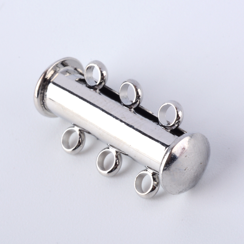 PandaHall 3-Strands Brass Magnetic Slide Lock Clasps, Nickel Free, 6-Holes, Platinum, 21x10x6mm, Hole: 2.5mm Brass