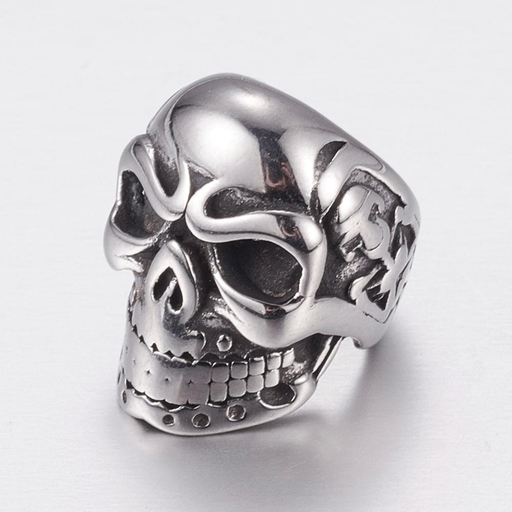 PandaHall 304 Stainless Steel Beads, Skull, Large Hole Beads, Antique Silver, 15x11x14mm, Hole: 8mm Stainless Steel Skull