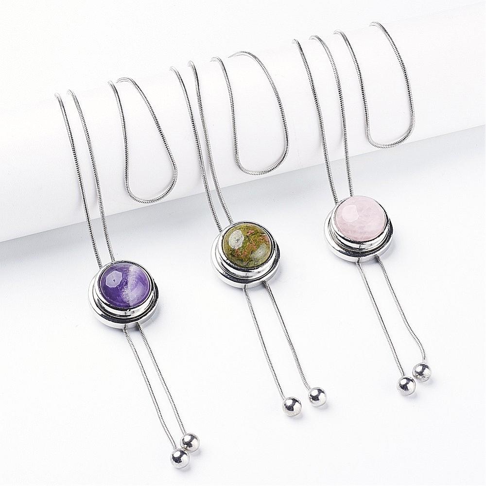 PandaHall Alloy Snap Lariat Necklaces, with Gemstone Cabochon, Brass Snake Chain, Mixed Color, 30"(76cm), Pendant: 22x16mm Gemstone...