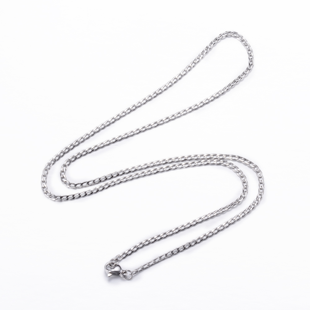 PandaHall 304 Stainless Steel Curb Chain Necklaces, with Lobster Claw Clasps, Stainless Steel Color, 19.7"(50cm); 2mm Stainless Steel