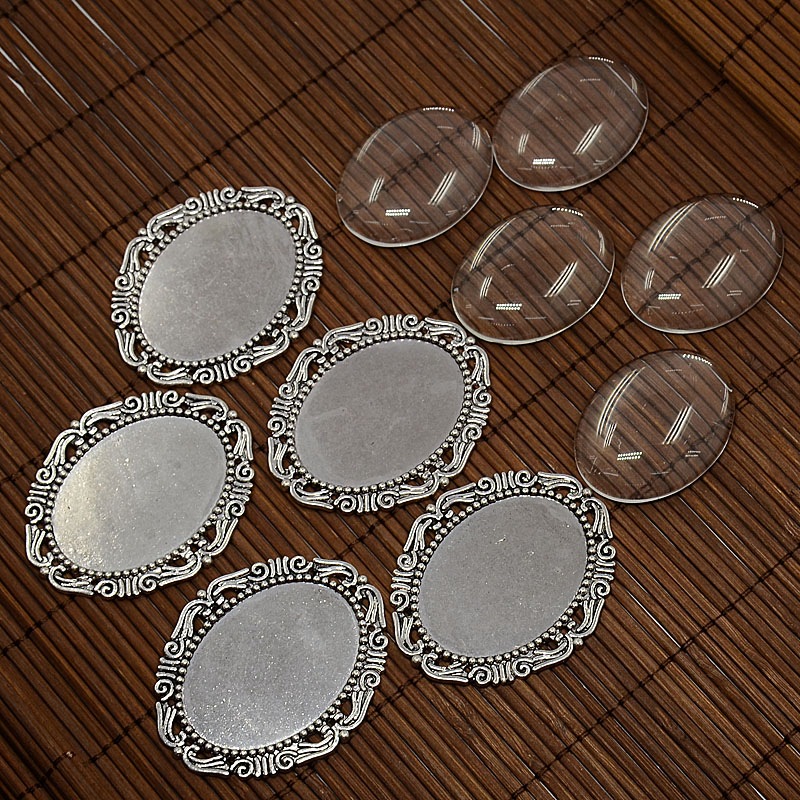 PandaHall 40x30mm Clear Oval Domed Glass Cabochon Cover for DIY Photo Alloy Cabochon Making, Nickel Free, Antique Silver, Cabochon Settings...