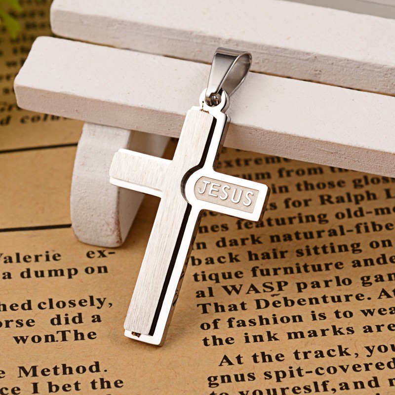 PandaHall Latin Cross 304 Stainless Steel Pendants, with Word Jesus, Stainless Steel Color, 36x18x2.5mm, Hole: 3.5x6mm Stainless Steel Cross