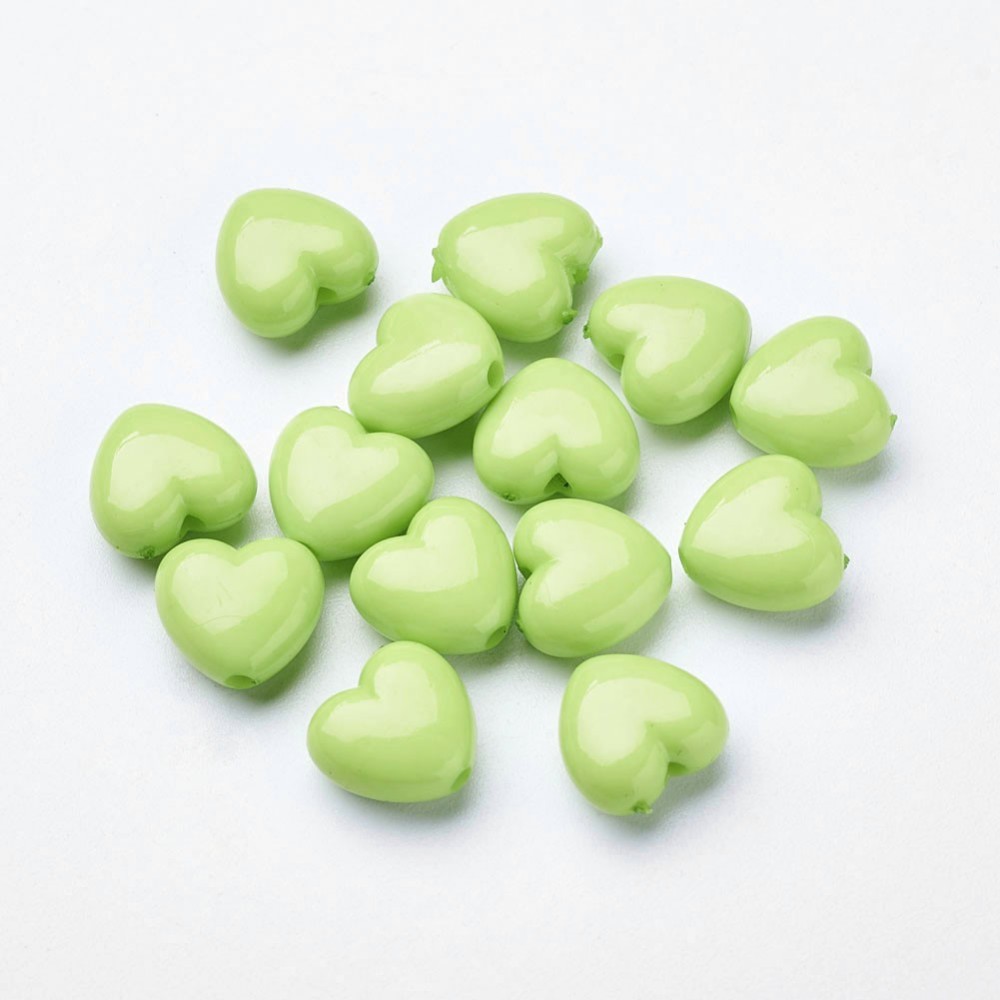 PandaHall Colorful Acrylic Beads, Opaque, Heart, GreenYellow, Size: about 10mm long, 11mm wide, 6mm thick, hole: 2mm Acrylic Heart Green